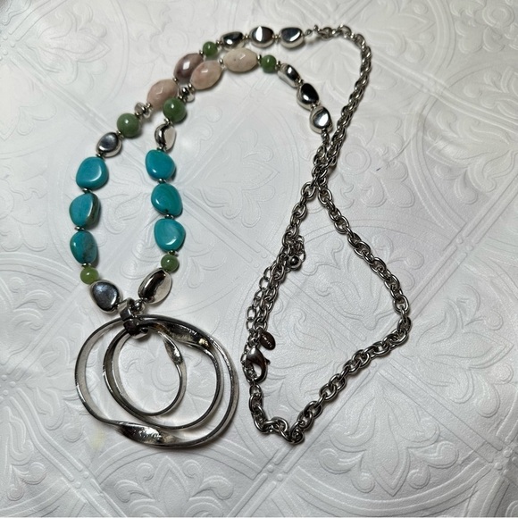 Chico's Blue and Silver Geometric Necklace Statement long Dangle pendant 0776 P - Picture 4 of 13